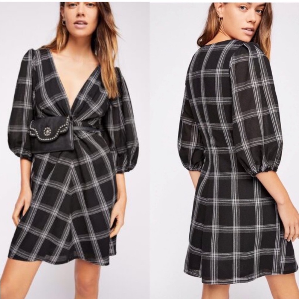 Free People Miss Molly Black Plaid Mini Dress